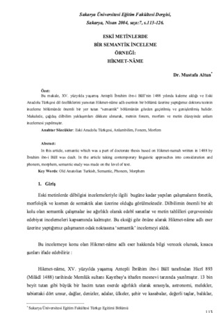Eski Metinlerde Bir Semantik Inceleme Ornegi: Hikmet-name