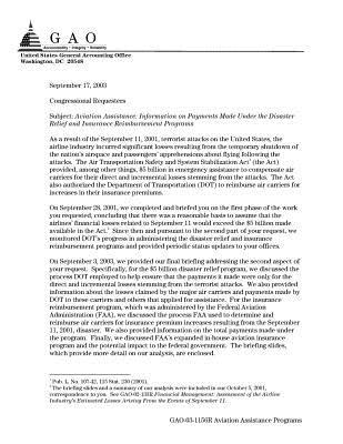 Gao-03-1156r Aviation Assistance: Information on Payments Made Under the Disaster Relief and Insurance Reimbursement Programs