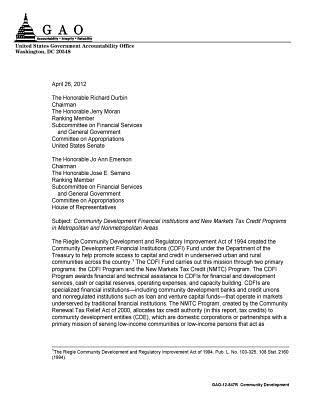 Subject: Community Development Financial Institutions and New Markets Tax Credit Programs in Metropolitan and Nonmetropolitan Areas