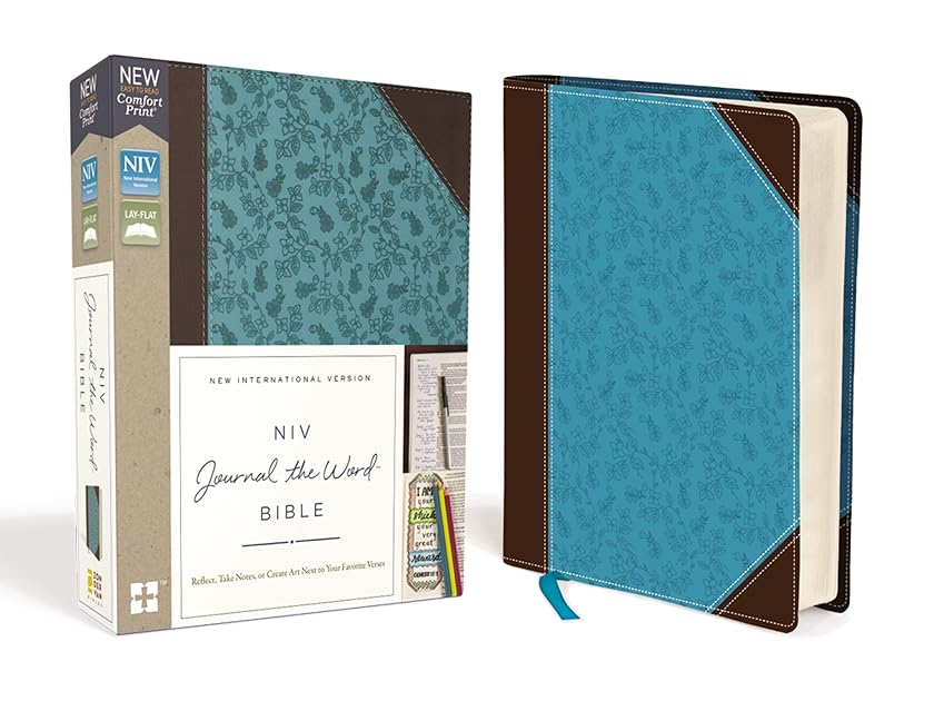 NIV, Journal the Word Bible (Perfect for Note-Taking), Leathersoft, Brown/Blue, Red Letter, Comfort Print: Reflect, Take Notes, or Create Art Next to Your Favorite Verses