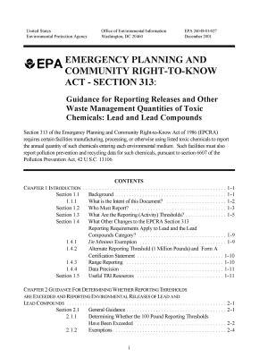 Emergency Planning and Community Right-To-Know ACT - Section 313: Guidance for Reporting Releases and Other Waste Management Quantities of Toxic Chemicals: Lead and Lead Compounds