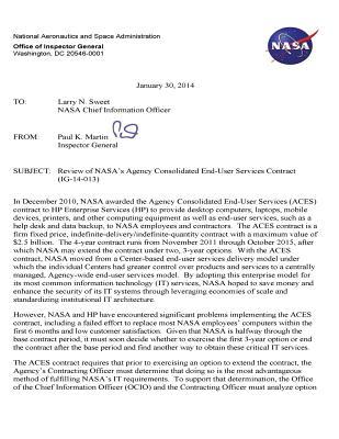 Review of Nasa's Agency Consolidated End-User Services Contract (Ig-14-013).