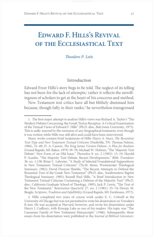 Edward Freer Hills's Contribution to the Revival of the Ecclesiastical Text