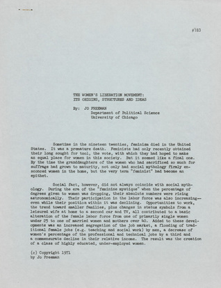 The Women's Liberation Movement: Its Origins, Structures and Ideals