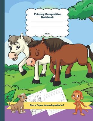Primary Composition Notebook Story Paper Journal Grades K-2: Pony Theme Dashed Mid Line and Picture Space School Exercise Book Plus Coloring Pages for Boys and Girls