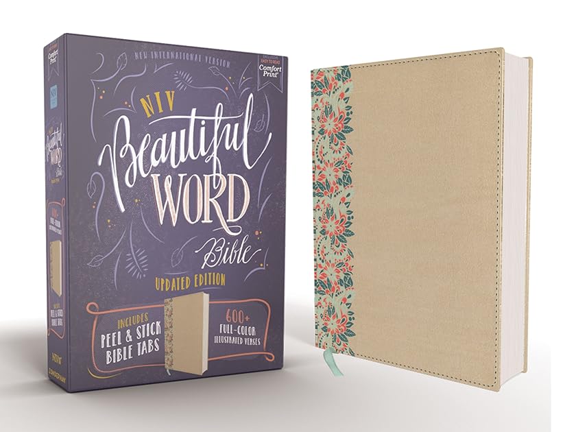 NIV, Beautiful Word Bible, Updated Edition, Peel/Stick Bible Tabs, Leathersoft over Board, Gold/Floral, Red Letter, Comfort Print: 600+ Full-Color Illustrated Verses