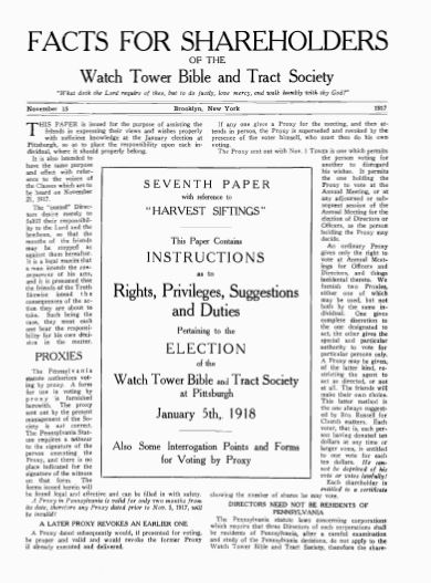 Facts For Shareholders of the Watch Tower Bible and Tract Society: Seventh Paper With Reference to "Harvest Siftings"