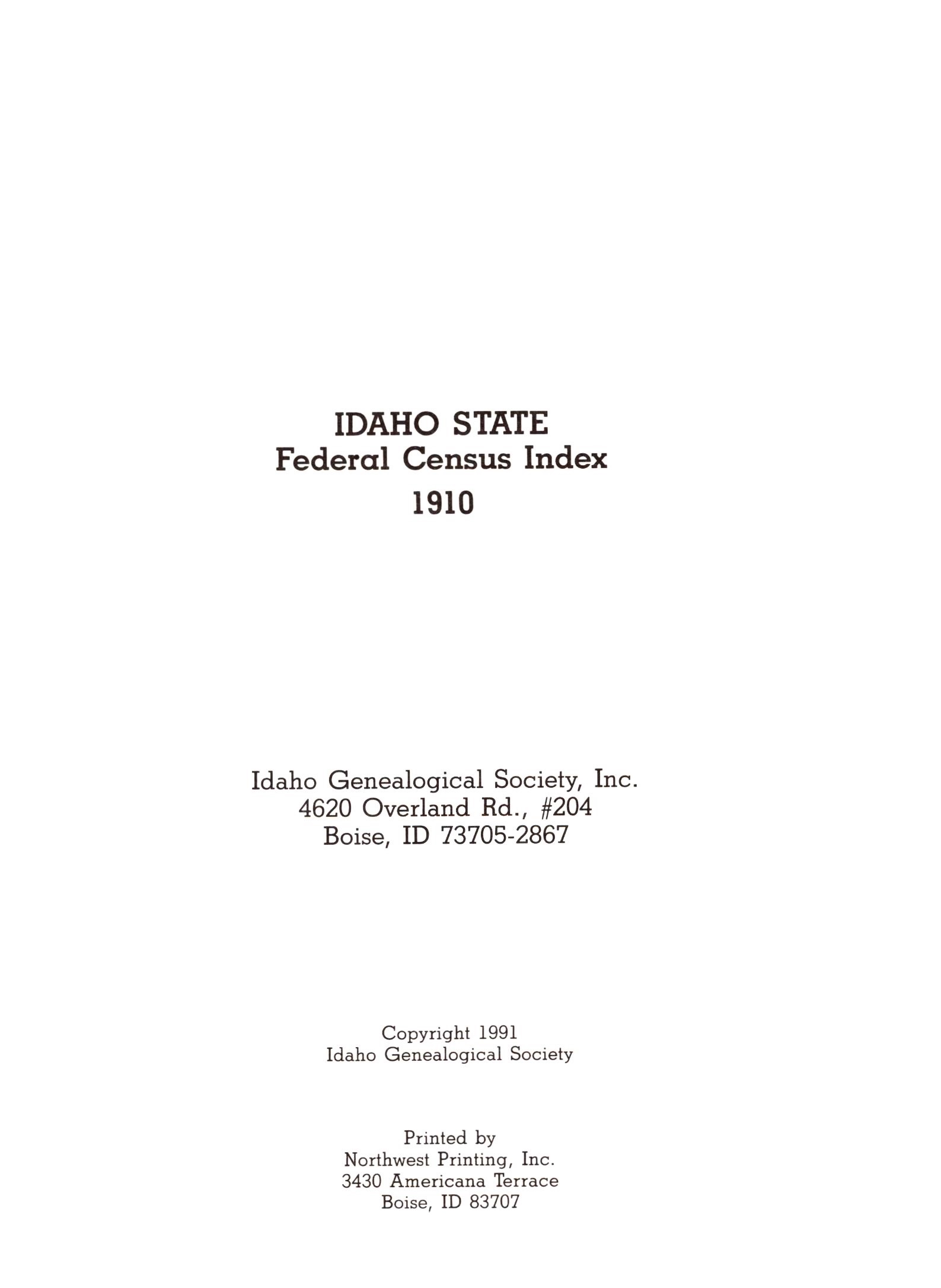 Idaho State Federal Census Index, 1910