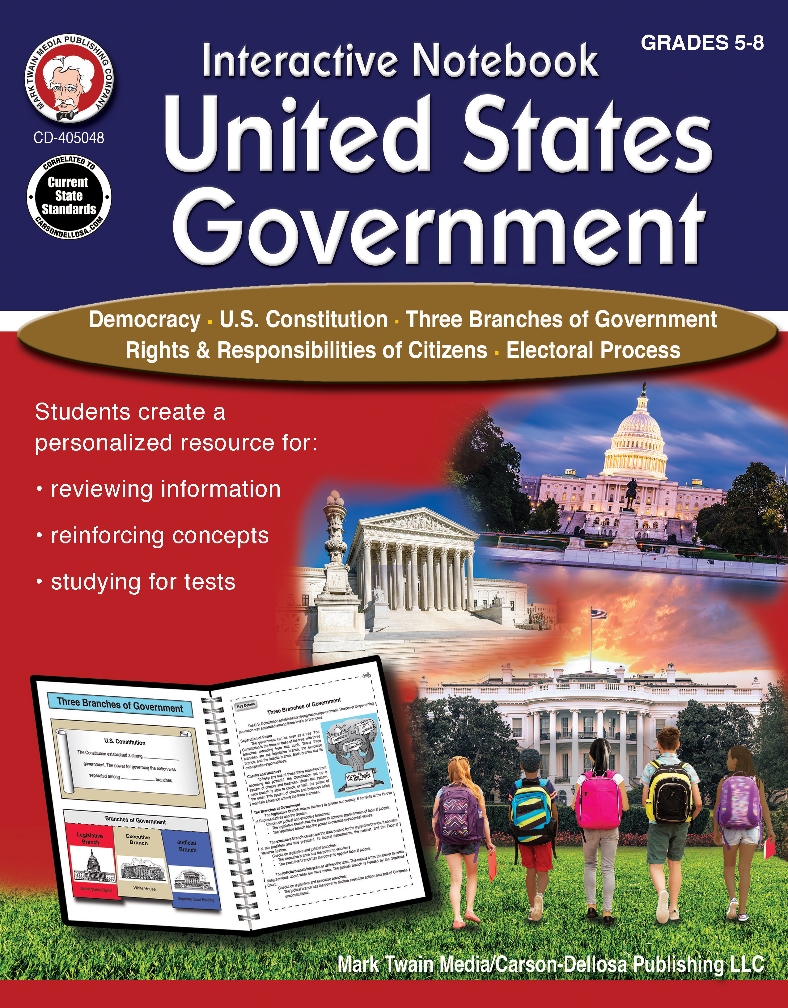 Mark Twain United States Government Book, Social Studies Interactive Notebook for Grades 5-8 Covering Democracy, The Constitution, Three Branches of US Government, and More