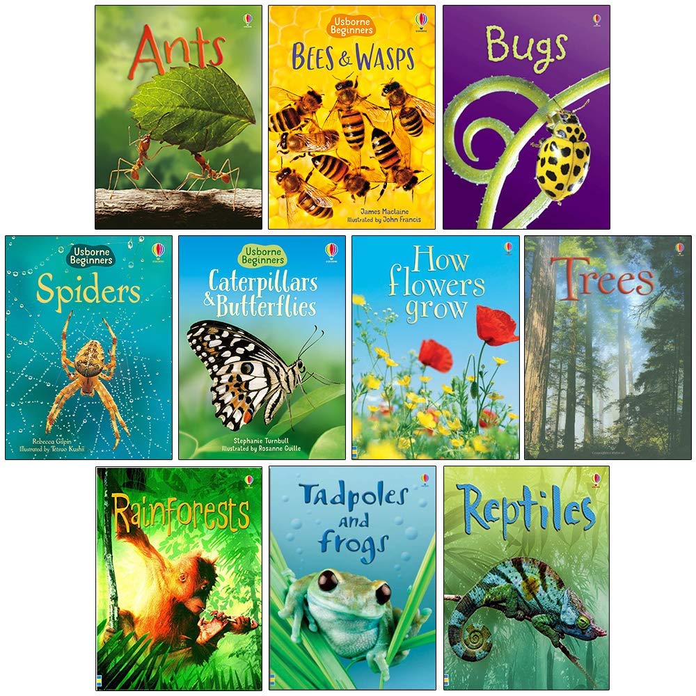 Usborne Beginners Nature Collection 10 Books Box Set (Ants, Bees & Wasps, Bugs, Spiders, Caterpillars and Butterflies, How Flowers Grow, Trees, Rainforest, Tadpoles and Frogs, Reptiles)