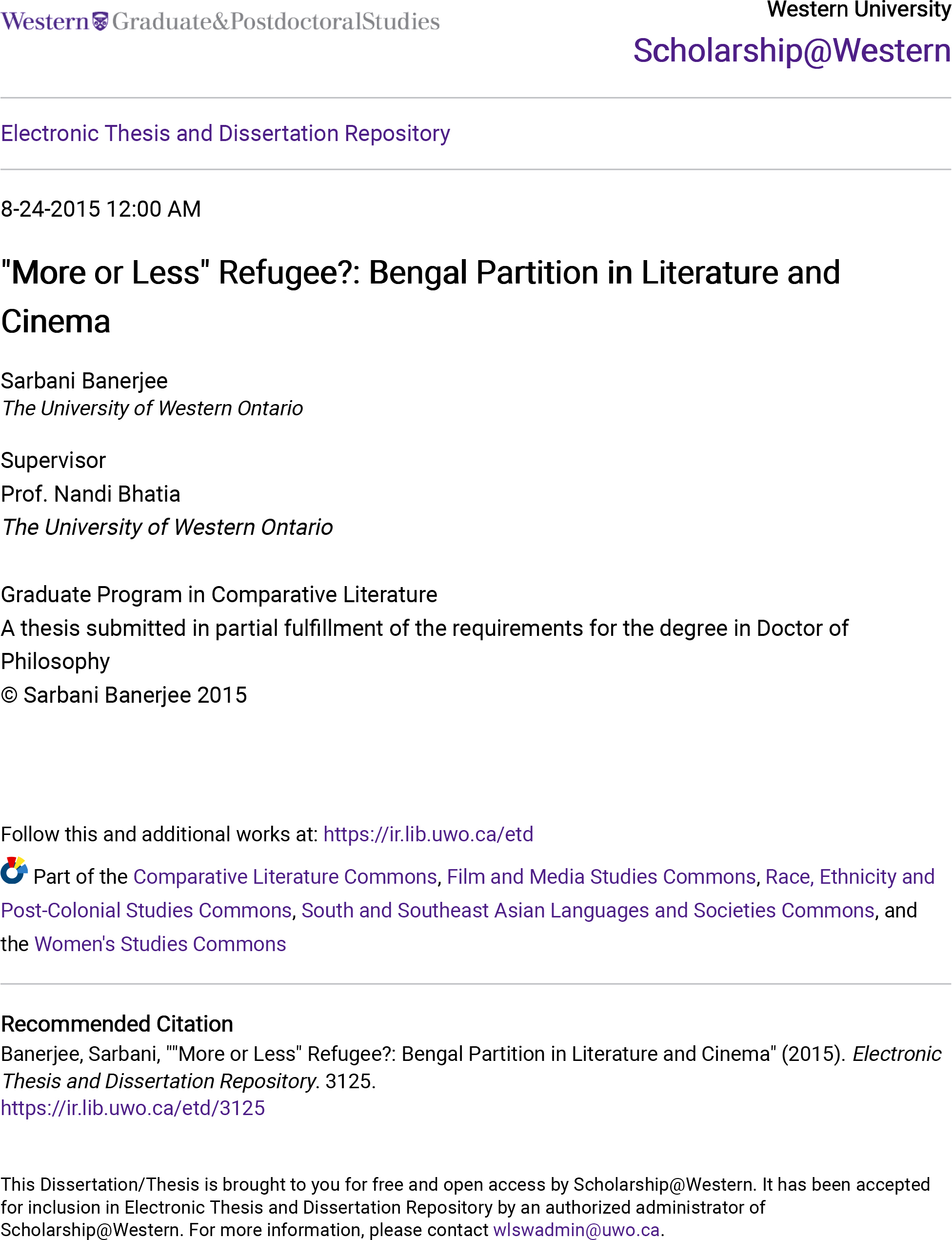"More or Less" Refugee?: Bengal Partition in Literature and Cinema