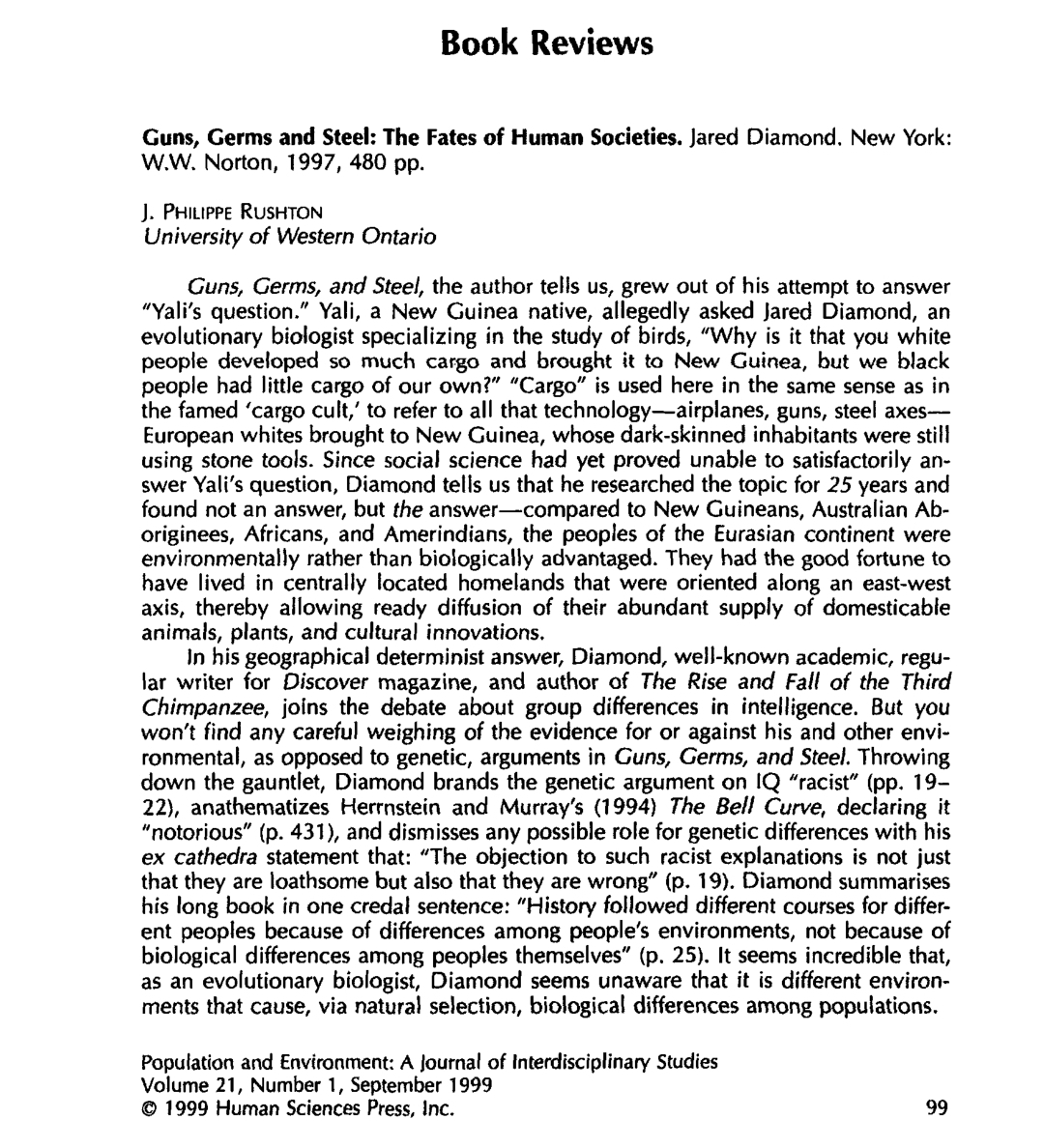 Guns, Germs, and Steel: A Review (Population and Environment: A Journal of Interdisciplinary Studies 21:1)