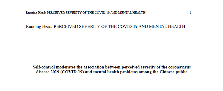 Self-control moderates the association between perceived severity of the coronavirus disease 2019 (COVID-2019) and mental health problems amonf the Chinese public