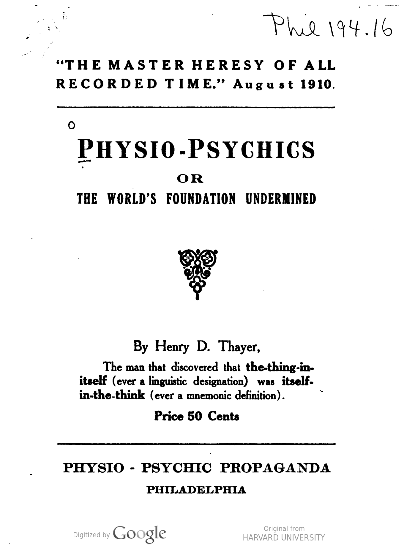 Theoretical Analysis: Physio-Psychics, or The World's Foundation Undermined (Unknown Binding)