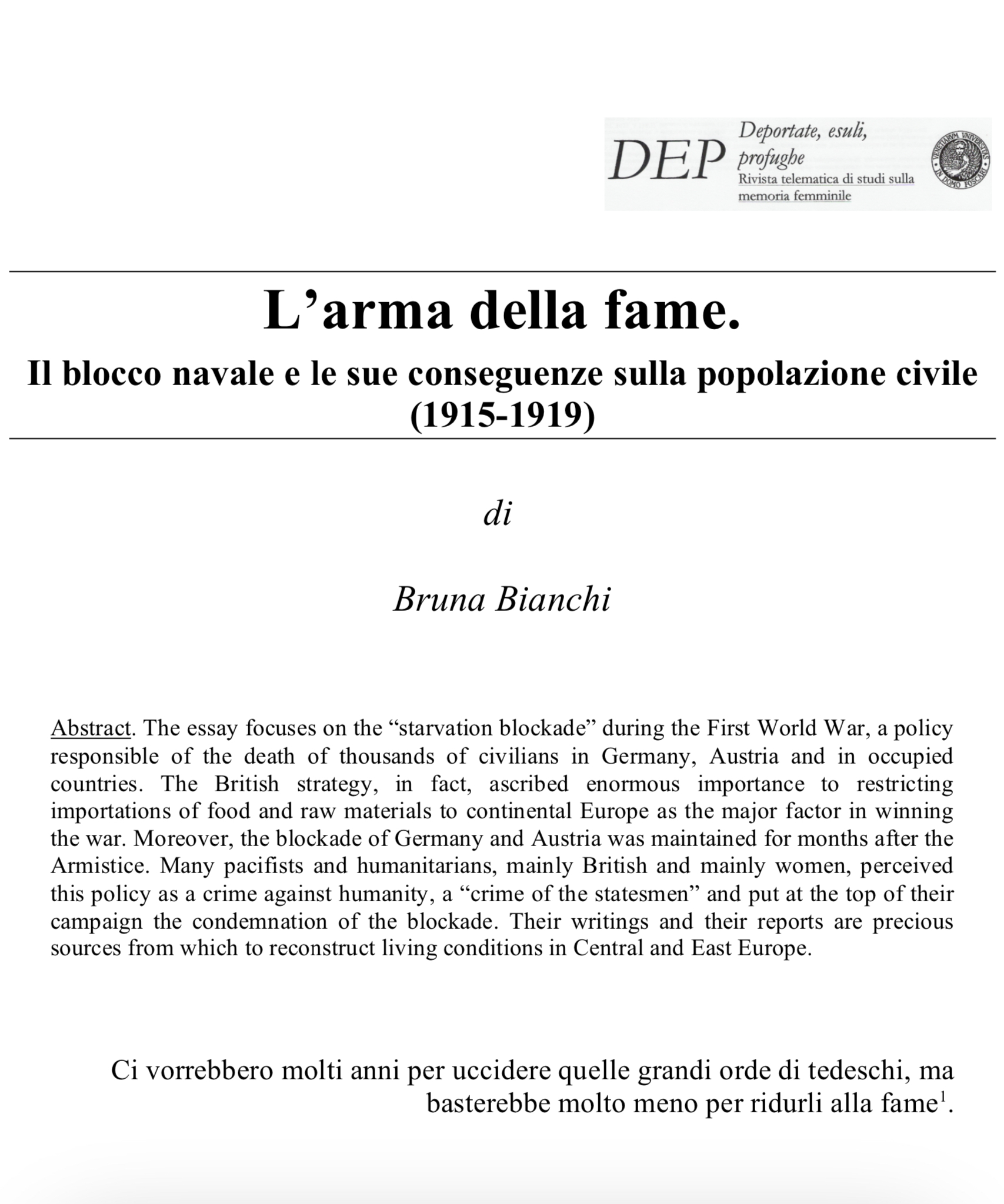 L’arma della fame. Il blocco navale e le sue conseguenze sulla popolazione civile (1915-1919)