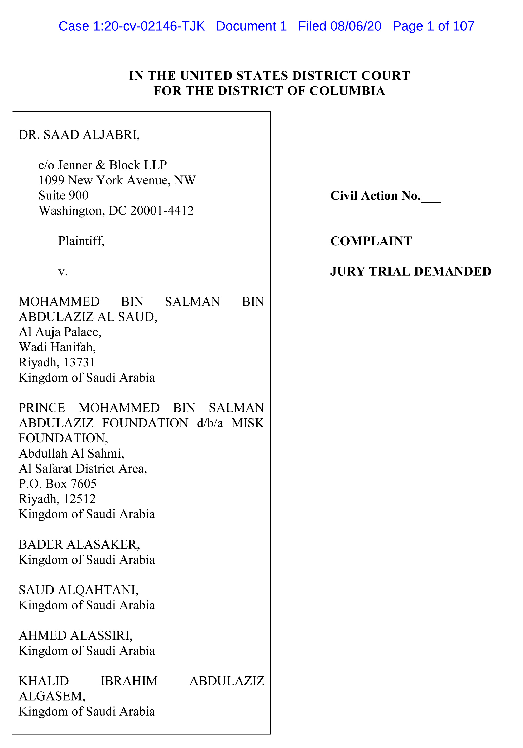 Saad Aljabri Complaint - Case 1:20-cv-02146