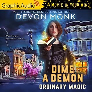 A female police officer holding open a magic book while a pink unicorn runs through a city street in the background. 