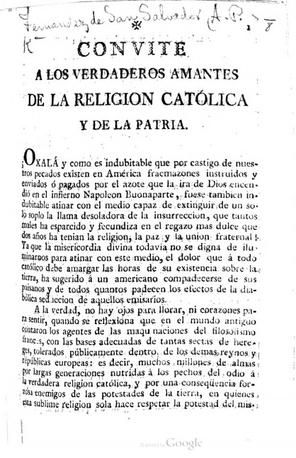 Convite a los verdaderos amantes de la Religión Católica y de la Patria (Unknown Binding)