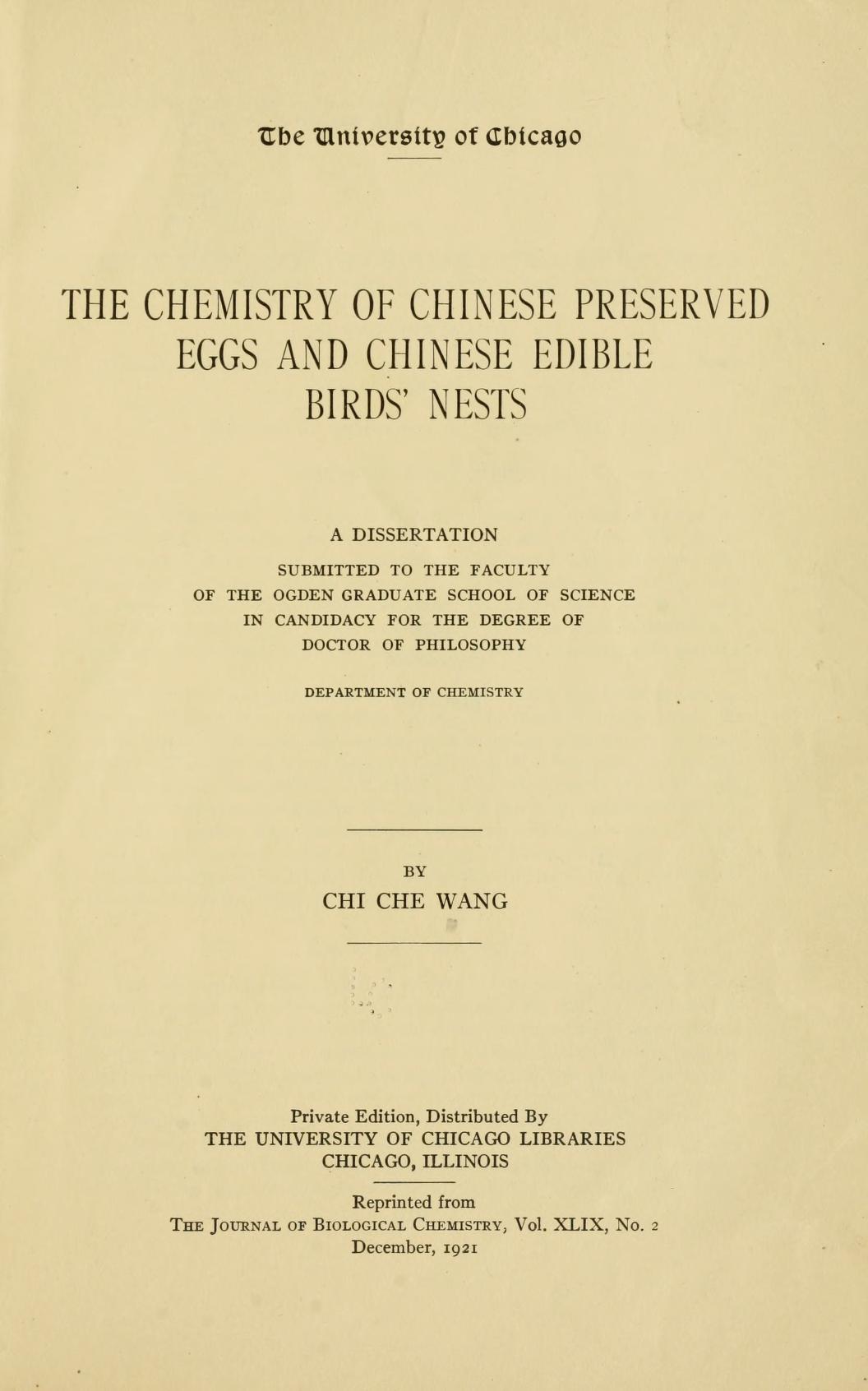 The Chemistry of Chinese Preserved Eggs and Chinese Edible Birds' Nests.. (Paperback)