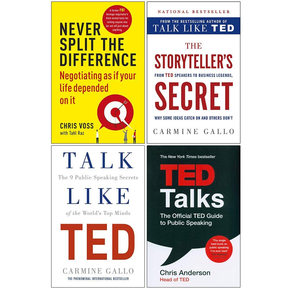 Never Split the Difference, The Storyteller's Secret, Talk Like TED, TED Talks 4 Books Collection Set (Paperback)