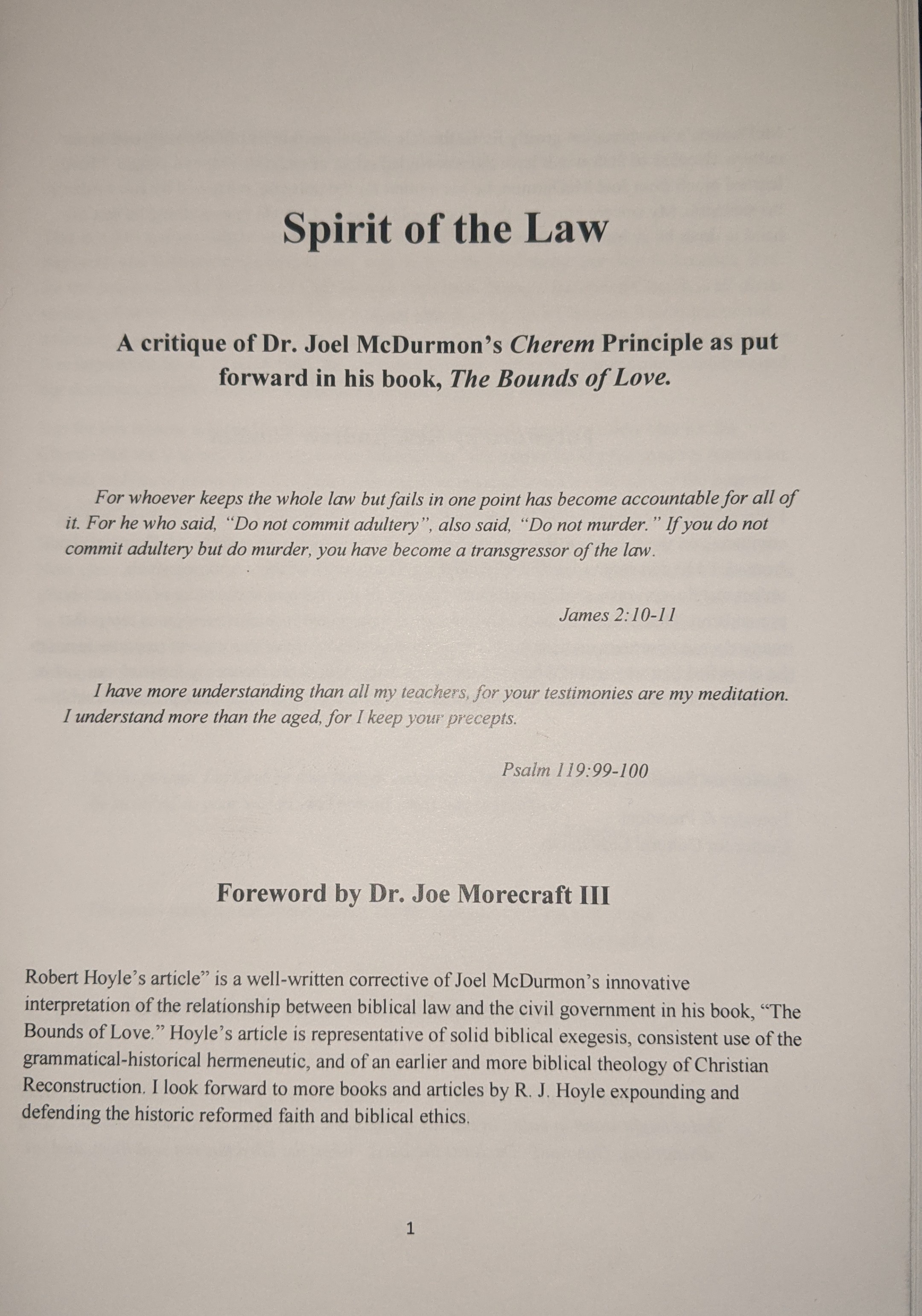 Spirit of the Law: A Critique of Dr. Joel McDurmon's Cherem Principle as put forward in his book, The Bounds of Lovae