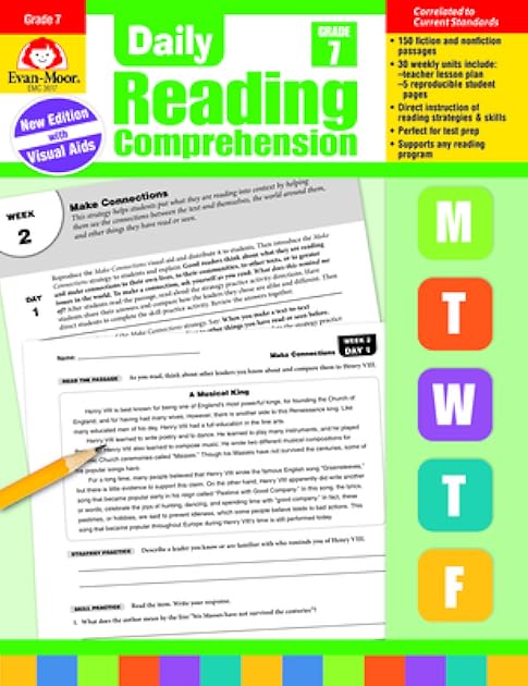 Evan-Moor Daily Reading Comprehension, Grade 7 - Homeschooling & Classroom Resource Workbook, Reproducible Worksheets, Teaching Edition, Fiction and Nonfiction, Lesson Plans, Test Prep