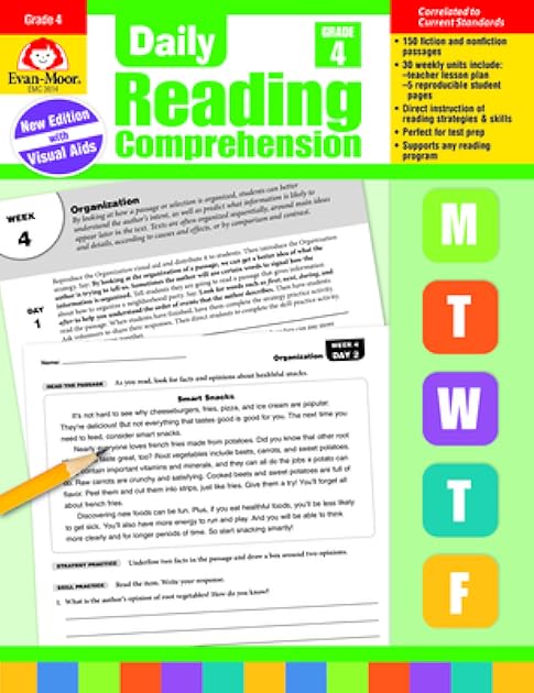 Evan-Moor Daily Reading Comprehension, Grade 4 - Homeschooling & Classroom Resource Workbook, Reproducible Worksheets, Teaching Edition, Fiction and Nonfiction, Lesson Plans, Test Prep