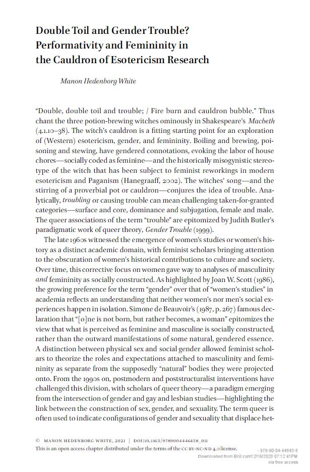 Double Toil and Gender Trouble? Performativity and Femininity in the Cauldron of Esotericism Research