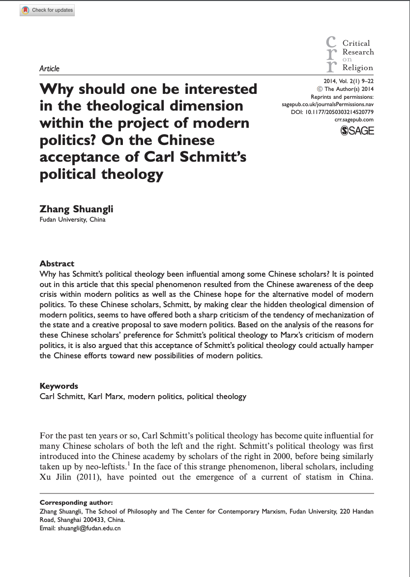 Why should one be interested in the theological dimension within the project of modern politics? On the Chinese acceptance of Carl Schmitt’s political theology