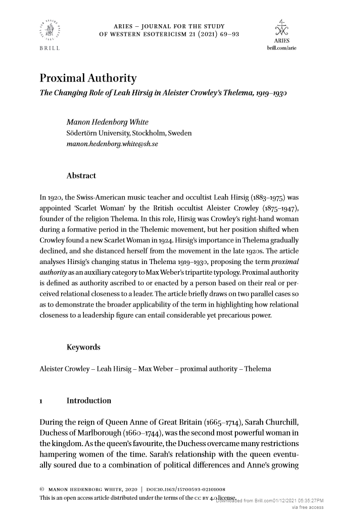 Proximal Authority: The Changing Role of Leah Hirsig in Aleister Crowley’s Thelema, 1919–1930