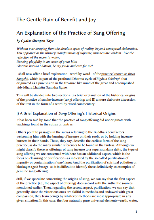 The Gentle Rain of Benefit and Joy: An Explanation of the Practice of Sang Offering