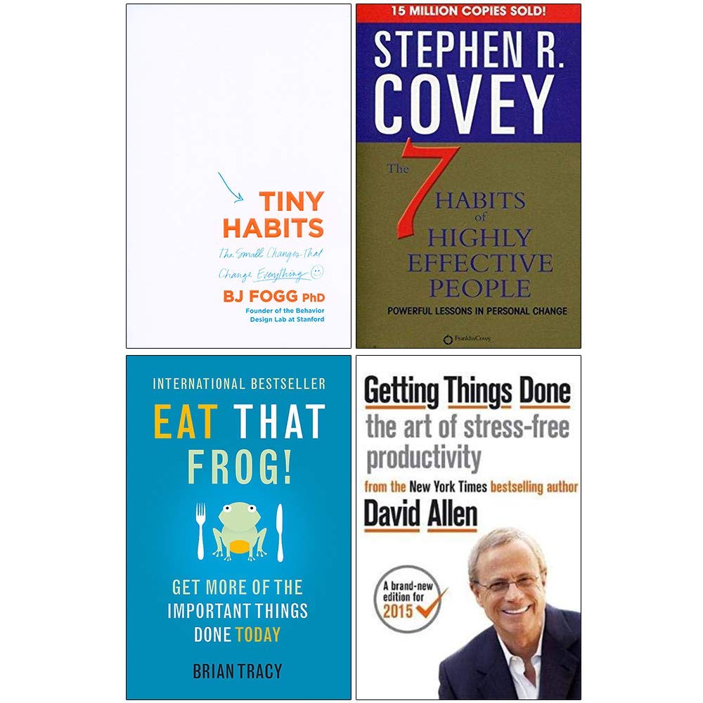 Tiny Habits The Small Changes That Change Everything, The 7 Habits of Highly Effective People, Getting Things Done, Eat That Frog 4 Books Collection Set (Paperback)
