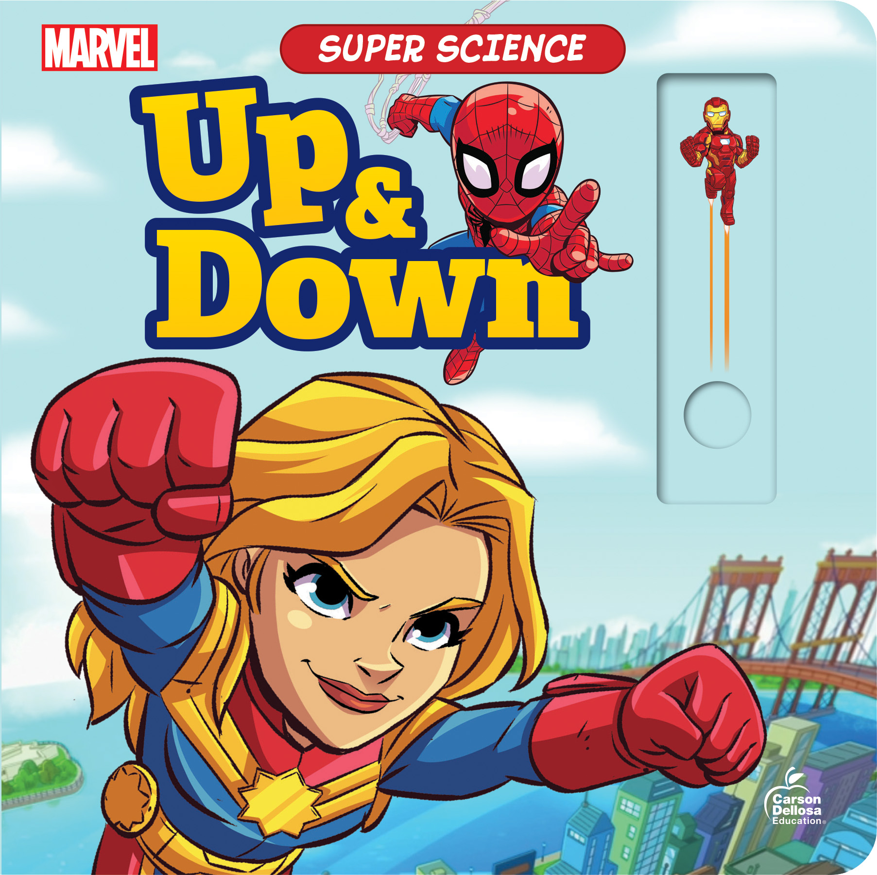 Disney Learning Super Science Up and Down Board Book—PreK-Kindergarten Spider Man and Captain Marvel Kids Activity Book With Interactive Sliders (12 pgs)