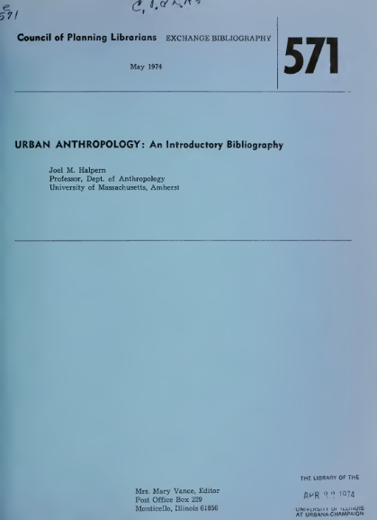 Urban Anthropology: An Introductory Bibliography