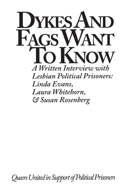 Dykes and Fags Want to Know...  A Written Interview with Lesbian Political Prisoners Laura Whitehorn  Linda Evands and Susan Rosenberg