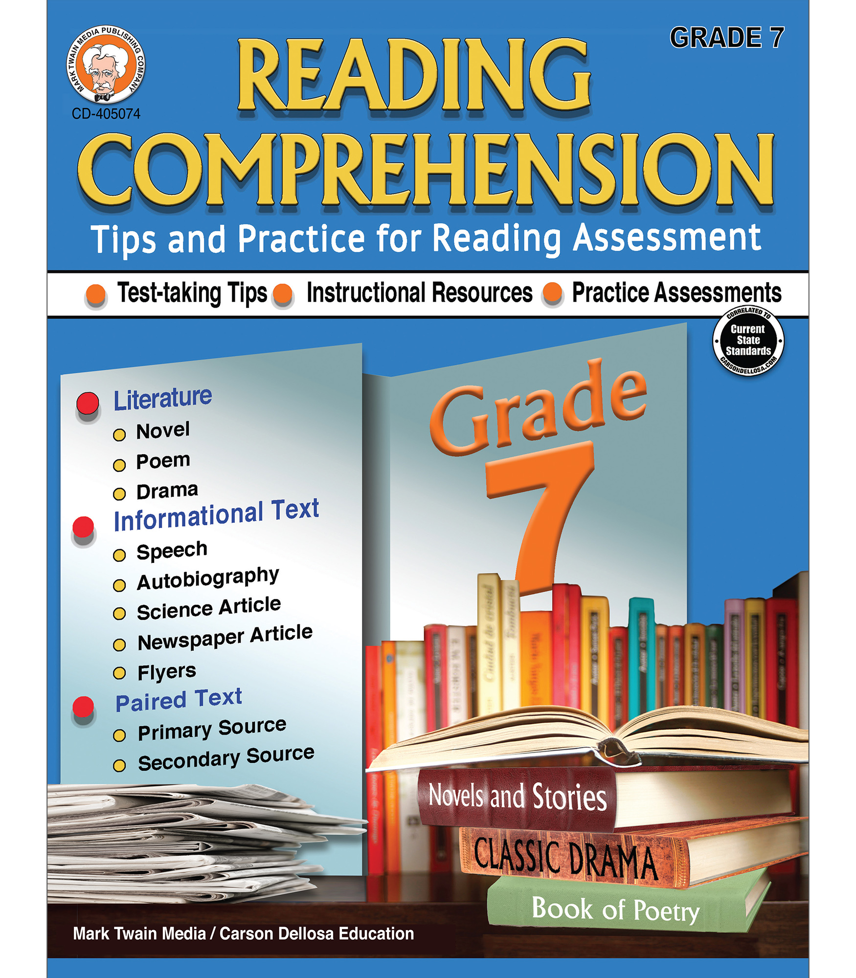 Mark Twain 7th Grade Reading Comprehension Workbook, Novels, Poems, Autobiographies, Paired Text, and More Literary Tips and Test Prep for Assessments , Classroom or Homeschool Curriculum