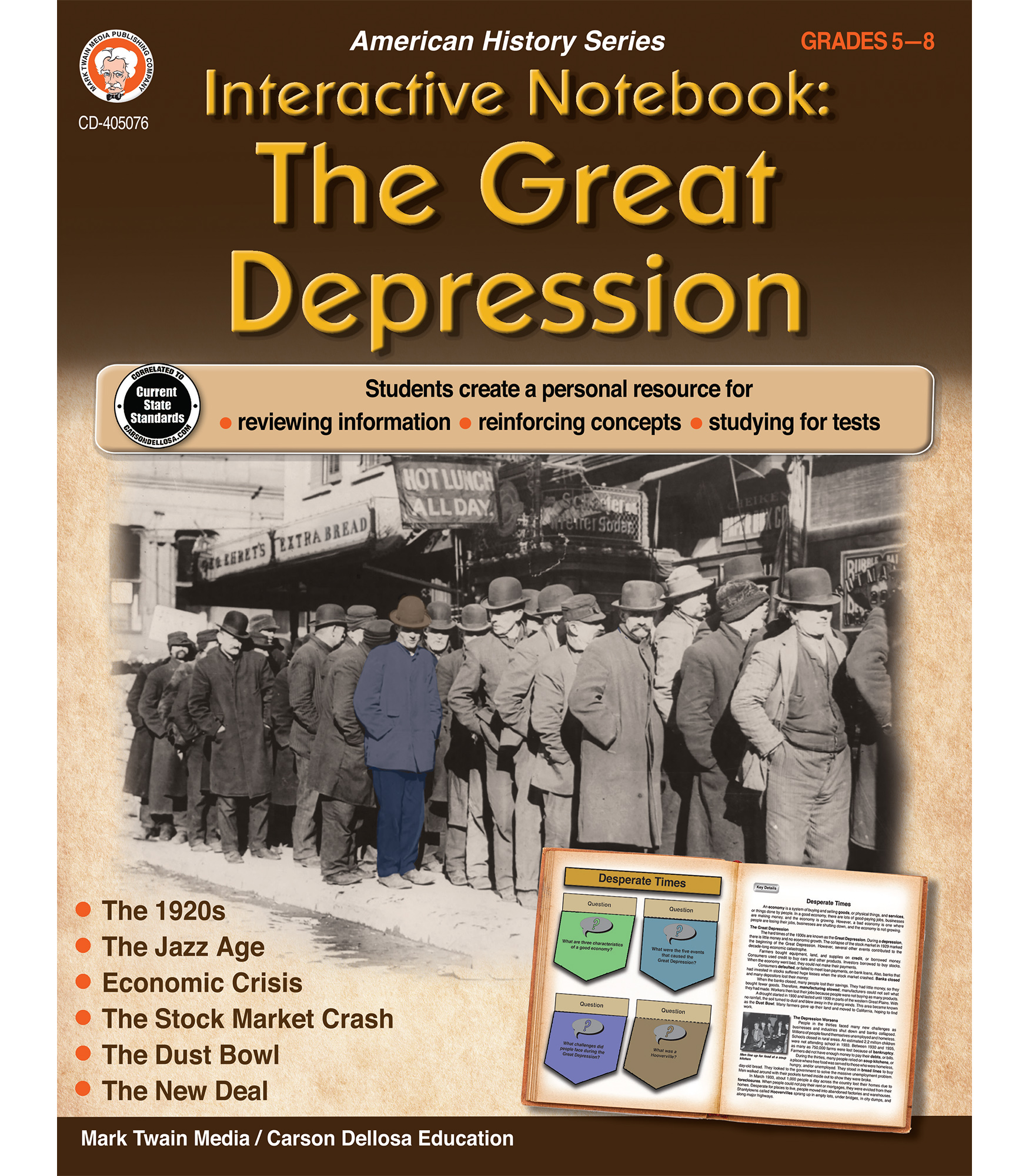 Mark Twain The Great Depression Interactive Notebook, Grades 5-8 American History Books, the Jazz Age, 1920s, Dust Bowl, Stock Market Crash, and More, Social Studies Classroom or Homeschool Curriculum