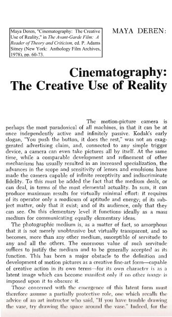Cinematography: The Creative Use of Reality