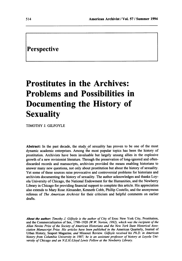 Prostitutes in the Archives: Problems and Possibilities in Documenting the History of Sexuality