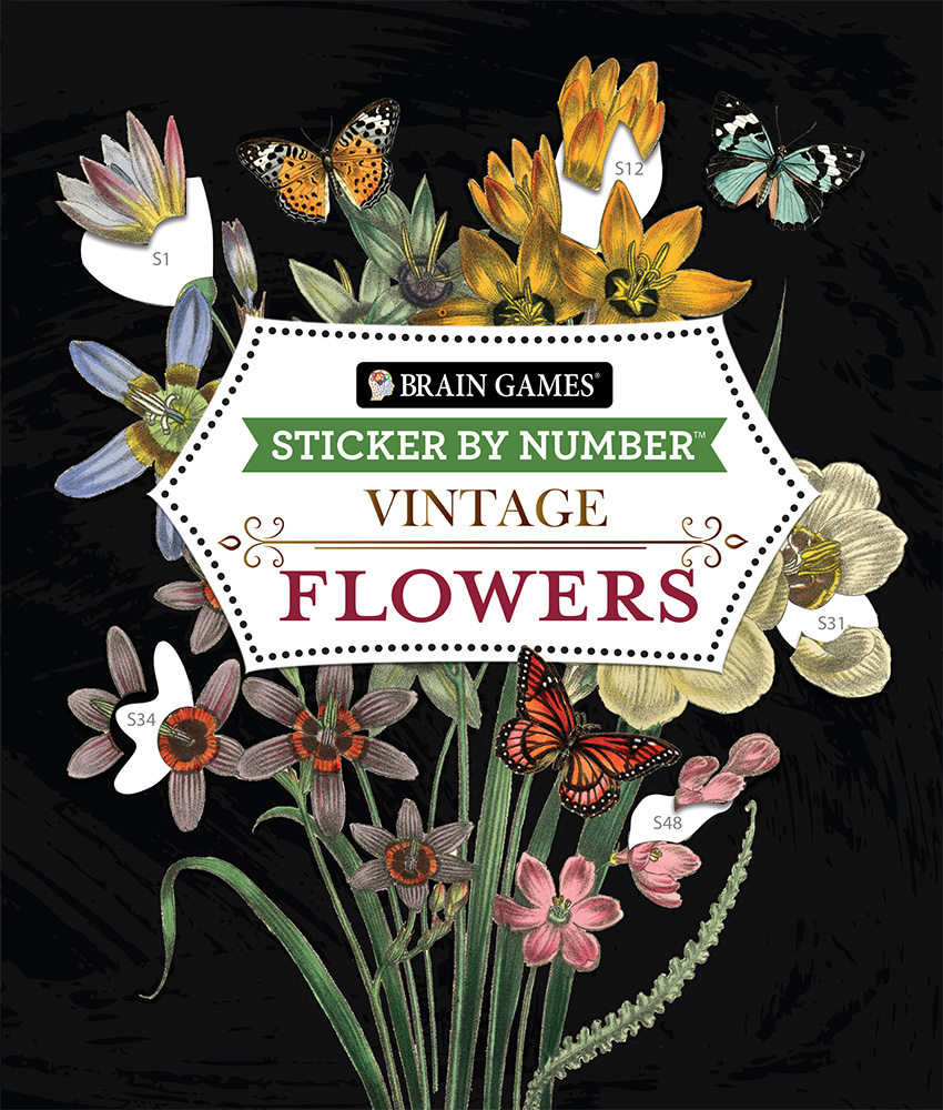Book cover: Brain Games - Sticker by Number - Vintage: Flowers (28 Images to Sticker) by Publications International