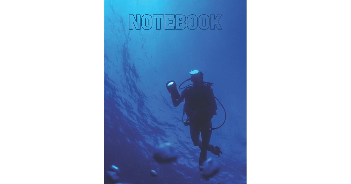 NOTEBOOK Scuba diver holding underwater flashlight, blue water background. Perfect for