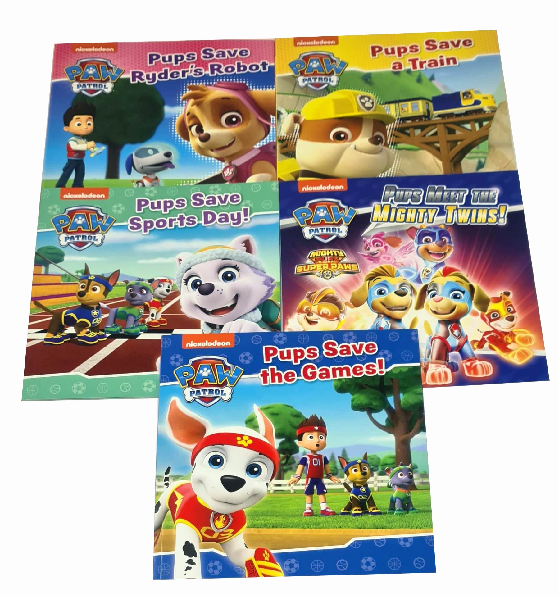Nickelodeon Paw Patrol 5 Books Collection Set(Pups Meet The Mighty Twins!, Pups Save a Train, Pups Save The Games!, Pups Save Sports Day! & Pups Save Ryder's Robot)
