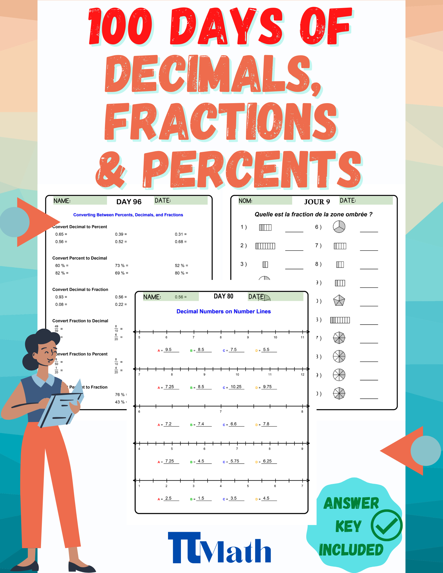 PI MATH - Decimals, FRACTIONS and PERCENTS Workbook, 100 days of practice: (With Answer Key) Reproducible Practice Pages