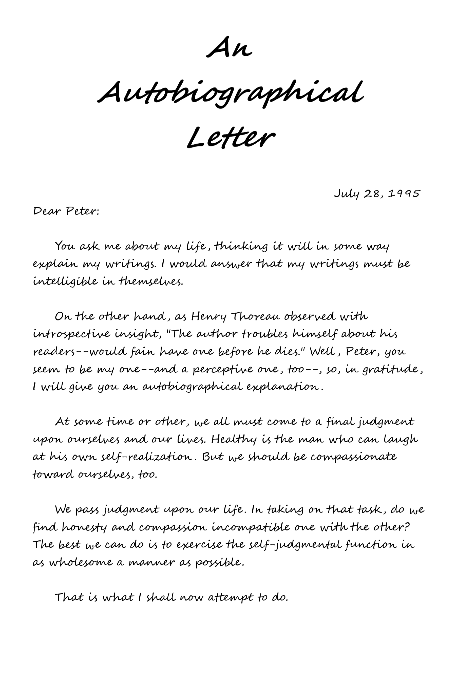 An Autobiographical Letter: with a Self-Portrait of the Author and a Post-Autobiographical Postscript