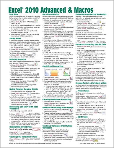 Microsoft Excel 2010 Advanced & Macros Quick Reference Guide (Cheat Sheet of Instructions, Tips & Shortcuts - Laminated Card)