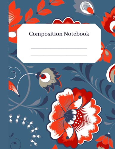 Lots of Slavic-Inspired Blue, Grey, and Red Flowers Composition Notebook: Flower Notebook for Women - Composition Notebook-Style 8.5 x 11 - wide ruled (Paperback)