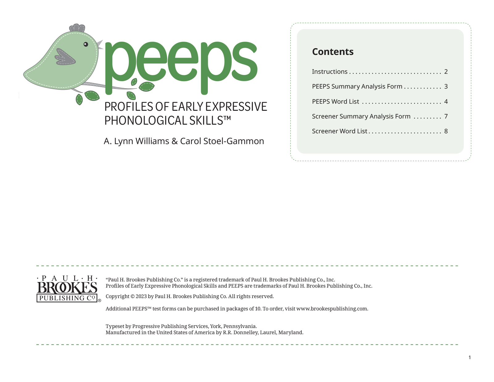 Profiles of Early Expressive Phonological Skills (PEEPS) Forms