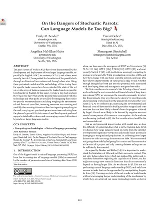 Cover of On the Dangers of Stochastic Parrots: Can Language Models Be Too Big?
