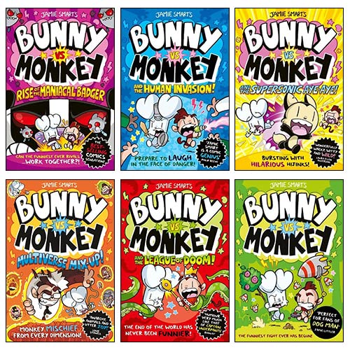 Bunny Vs Monkey 6 Book Collection Set By Jamie Smart (Bunny Vs Monkey, the League of Doom, The Supersonic Aye-Aye, The Human Invasion, Rise of the Maniacal Badger, Multiverse Mix-up!)