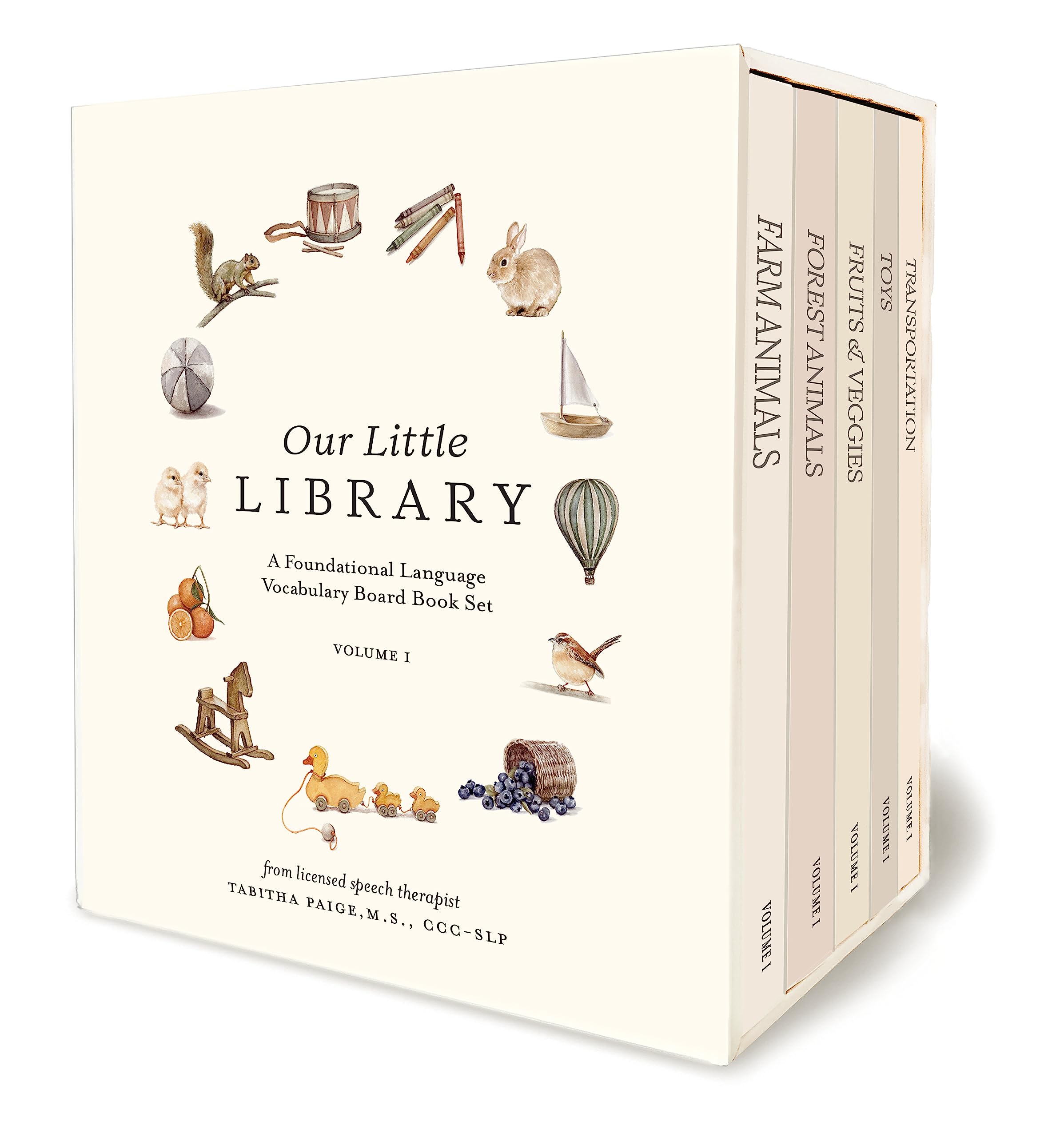 Our Little Library: A Foundational Language Vocabulary Board Book Set for Babies, Including Farm & Forest Animals, Fruits & Veggies, Toys & More (Tabitha Paige Children's Book Series)